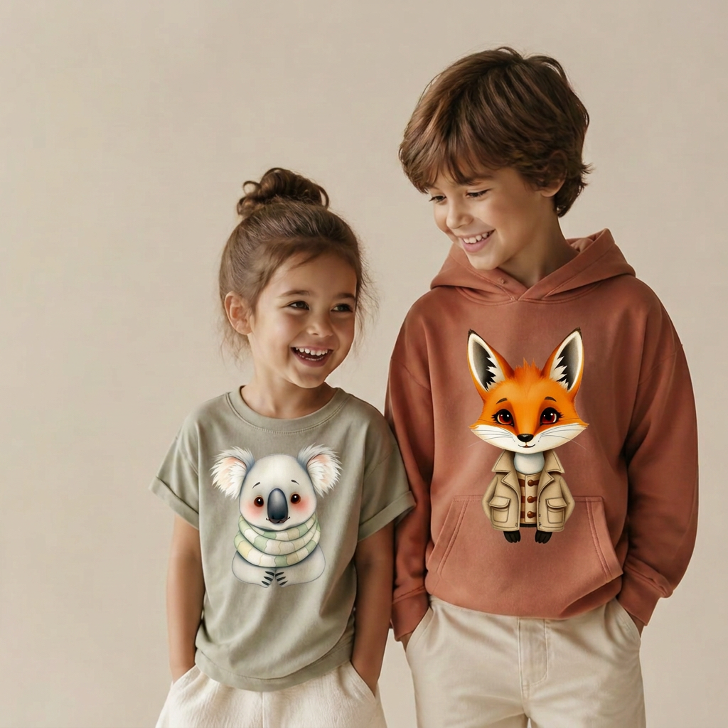 Two children wearing Bold Beasties tops — a sage T-shirt printed with Kendrick the Koala and a terracotta hoodie printed with Ford the Fox